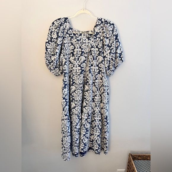 POLAGRAM Blue And White Jacquard Puff Sleeve Midi Dress - Picture 4 of 7